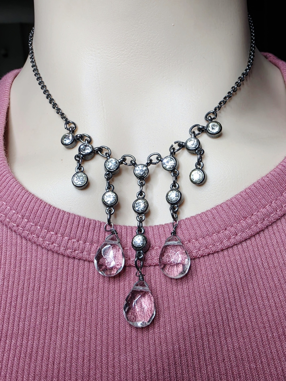 Gunmetal Necklace with Clear Faceted Teardrop Crystals